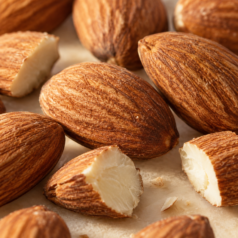 Gros plan d’amandes entières et coupées