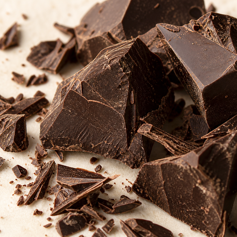 Gros plan de morceaux et de copeaux de chocolat noir